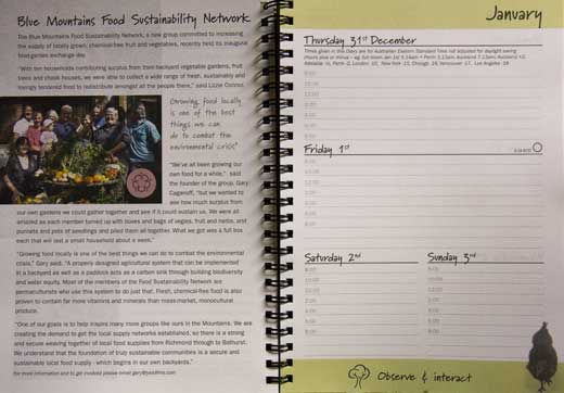 A page on the Blue Mountains Food Security Network altenates with a diary page showing the generous space available for daily planning.
