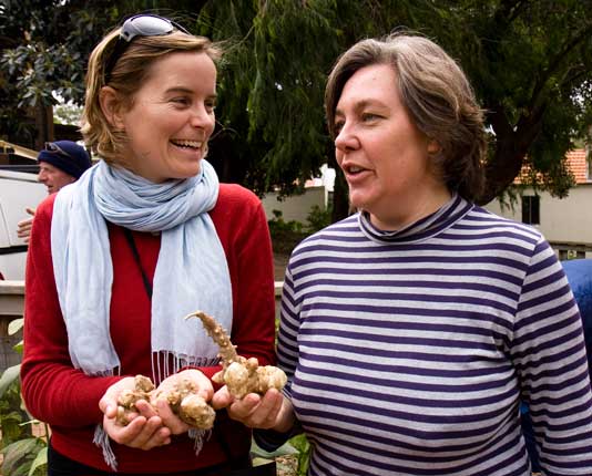 City of Sydney Community Garden and Volunteer Cordinator, Annie Walker (left), accepts a gift of Jerusalem artichokes from a community gardener