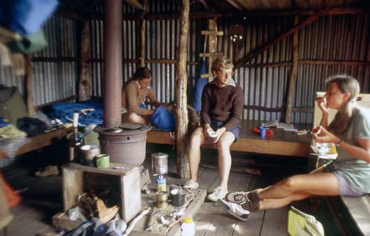 Walkers on Mt Field enjoy the conviviality of a lunch break in a hut. The mundane as much as the exciting and spectacular contributes to memory of places and people.