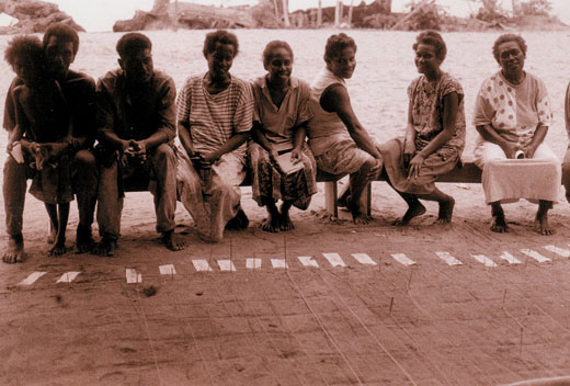 pla-matrix A matrix formed of string and lines marked into the sand records cropping information. Kastom Gaden Association, Solomon Islands. TerraCircle rojects.