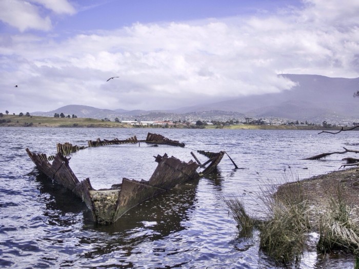 The hulk of the Otago. Mt Wellington in background.