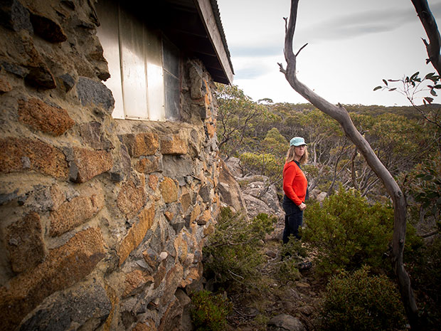 Outside Luckmans hut Fiona checks out the landscape. luckmans hut